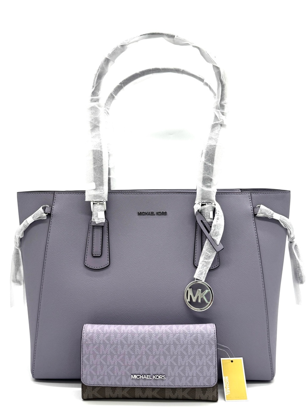 Michael Kors Voyager Large Leather Tote Bag w Matching Trifold Wallet - Lilac